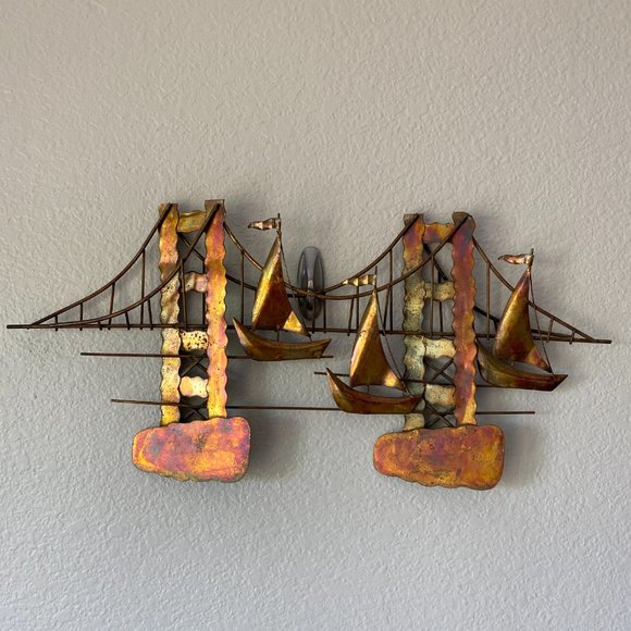Vintage Mid Century Copper Metal Brutalist Style Wall Hanging Sailboats Bridge - Picture 16 of 16